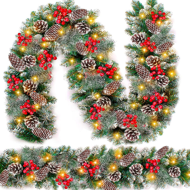 2 Pack Prelit Christmas Garland Each 9 Ft 100 Lights Timer 8 Mode, Cedar Garland Thick 300 Tips Snowy Bristle Pine 198 Berry 18 Pinecones Battery Operated Mantle Xmas Decoration Total 18 Ft 200 LED