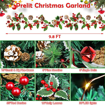 9.8FT Prelit Christmas Decorations Garland with Lights,Christmas Garlands with Pine Red Berry, 8 Modes Christmas Garland for Indoor Outdoor Mantle Stairs Railing Xmas Party Decor
