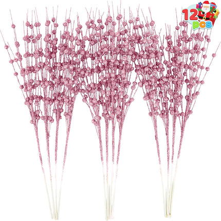 Joiedomi 12Pcs Glitter Berry Stem Ornaments, Christmas Decorative Bead Sticks, 17” Pink Artificial Glitter Twigs for Christmas Tree Decor, Wreath DIY Crafts, Holiday Party Supplies Wedding Decor(Pink)