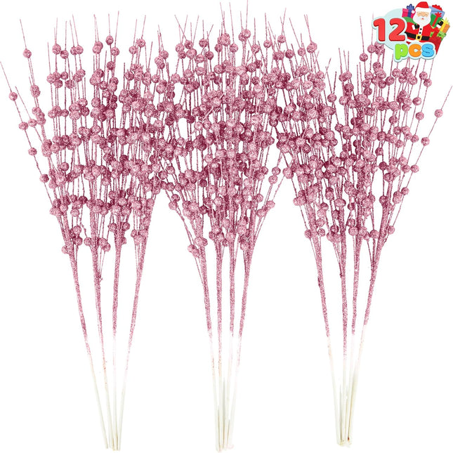 Joiedomi 12Pcs Glitter Berry Stem Ornaments, Christmas Decorative Bead Sticks, 17” Pink Artificial Glitter Twigs for Christmas Tree Decor, Wreath DIY Crafts, Holiday Party Supplies Wedding Decor(Pink)