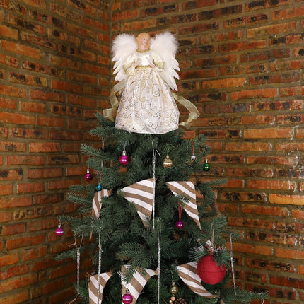 HOHOTIME 12'' Angel Tree Topper with White Feather Wings and Gold Skirt, Christmas Tree Topper with LED Light for Tree Toppers Holiday Ornament Decorations, Gold