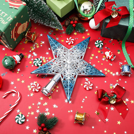 8 Inches Christmas Tree Star Topper Xmas Tree Star Topper Hollowed-Out Christmas Glitter Star Ornaments for Christmas Tree Decoration Home Decor, Silvery Blue