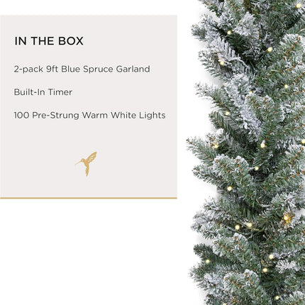 Papyrus 2 Pack of 9 ft Pre-Lit Frosted Blue Spruce Garland, Artificial, Warm White Light, Battery Powered, Indoor/Outdoor