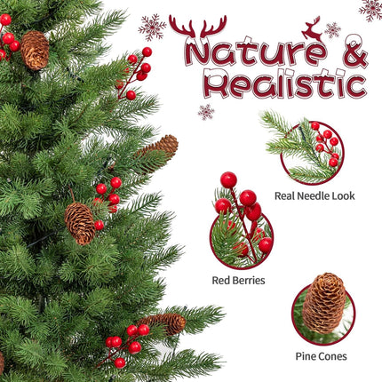 2 Set 30Inch Outdoor Christmas Tree, Pre-Lit 50LED Solar Power Christmas Porch Decorations Outdoor Tree, Hundreds Branch Tips Lush, Pine Cones, Red Berries and Red Ball (Classic Green)