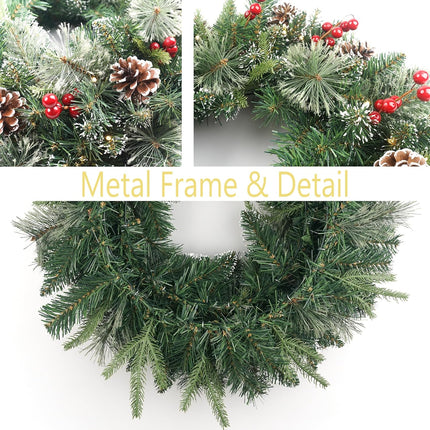 Christmas Wreath Snowy Pre-lit 24 inch with 50 Light & Pine Cone, Artificial Christmas Wreaths for Front Door with Lights, Wreath for Christmas Decoration Door Windows Wall Green