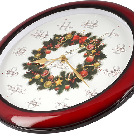 JUSTIME 14-inch 12 Song of Carols of Christmas Wreath Melody Wall Clock Christmas Musical Clock Chime Wall Clock in Wall Christmas Home Decor Wall Deco Round Wall Clock Red