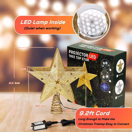 IPOW LED Snowflake Projector Star Christmas Tree Topper, 11.3'' Golden Glittered Star Treetop Lighted Rotating Snow Flake for Christmas Tree Decoration, Ideal as LED Night Light Projector for Children