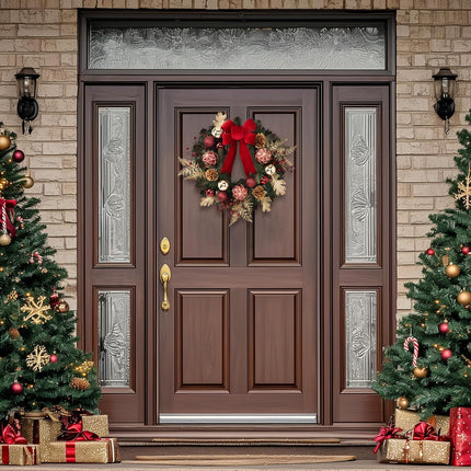Valery Madelyn Pre-Lit Christmas Wreath for Front Door with Light, 20 Inch Large Lighted Christmas Wreath with Red Gold Xmas Ball for Fireplace Window Outdoor Table Centerpiece Holiday Home Decoration