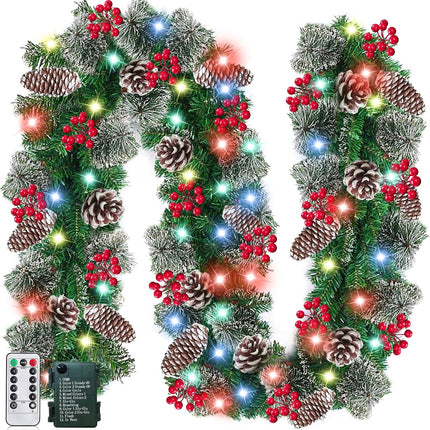 Remote Control - 9 Ft Prelit Christmas Garland 50 Color Lights Timer 8 Mode Thick 300 Branches 198 Red Berry 18 Pinecone Battery Operated Xmas Decor