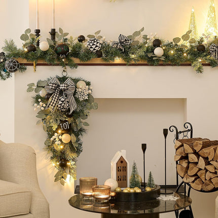 Valery Madelyn 6 feet Pre Lit Christmas Garland for Mantle with Lights, Lighted Xmas Garland with Black White Balls for Front Door Fireplace Table Centerpiece Outdoor Party Decoration Indoor