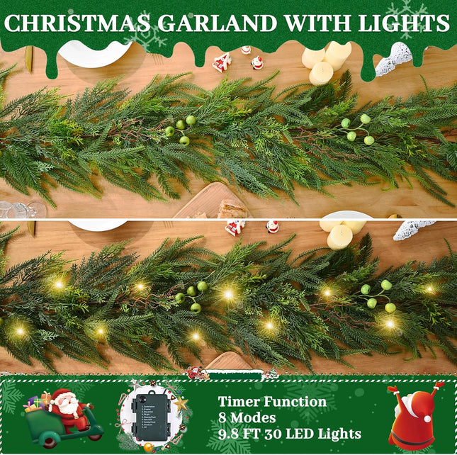 Christmas Garland Decorations, 5.9 FT Norfolk Pine Garland Cedar Garland with Berries, Real Touch Garland Christmas Decorations Pine Garland for Mantle Indoor Outdoor Table Door Christmas Decor