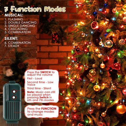 Meonum Christmas Lights with Music, Singing Christmas Lights Plays 25 Classical Holiday Songs, 7 Function Mode, Adjustable Volume and Mute, Musical Christmas Tree Lights(Multi Color,32 FT)