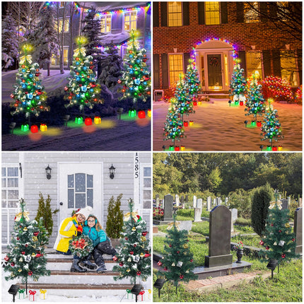 Solar Christmas Tree Decorations Outdoor Lights 2 Pack with 60 LED 44 Xmas Ornaments 6 Lighted Boxes 8 Modes 30Inch Mini Prelit Christmas Tree for Porch Pathway Yard Grave Cemetery Decor