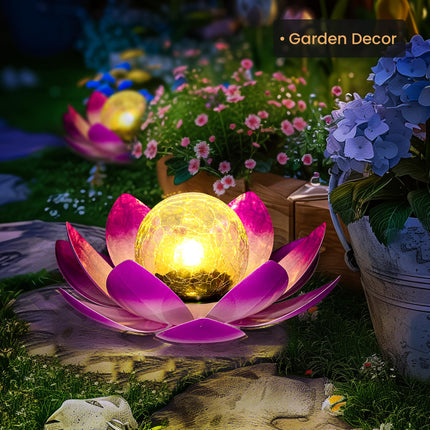 GIGALUMI Solar Light Outdoor Garden Decor, Lotus Flower Light Crackle Globe Glass Lantern Outdoor Table Decor Waterproof for Patio, Lawn, Pathway, Pool, Pond, Christmas (Pink Petal)