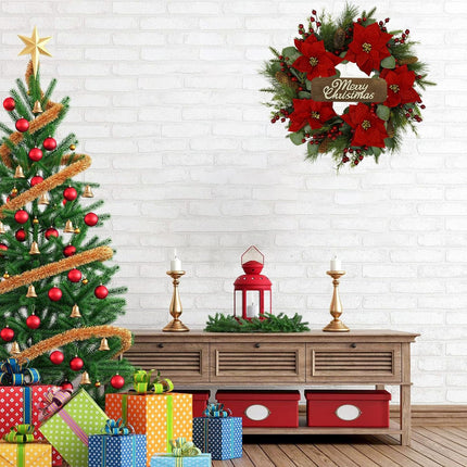 20 inch Artificial Christmas Wreath Winter Wreath with Poinsettia,Eucalyptus Leaves,red Berry,Pine Cones,Pine Needles for Indoor Outdoor Farmhouse Home Wall Window Festival Wedding Decor