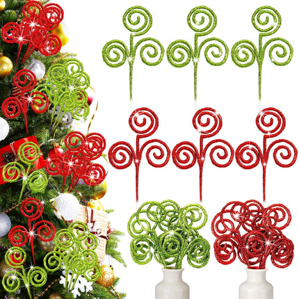 Kasyat 50 Pcs Red Green Christmas Tree Picks 12" Candy Shape Spiral Glitter Sticks Branches Xmas Curly Picks Artificial Stems Pick Ornaments for Tree Topper Craft Wreath Vase Filler Home Decor