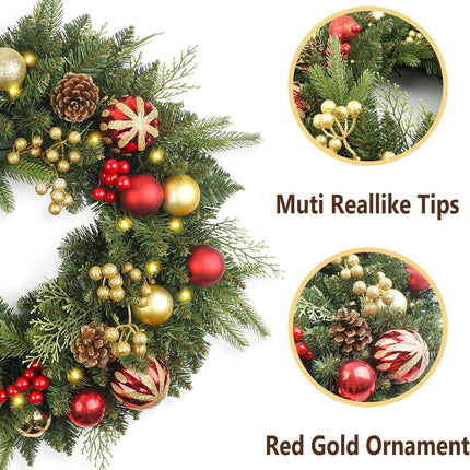 Christmas Wreath Pre-lit 24 inch with 50 Light & Red Gold Ball Pine Cone, Artificial Christmas Wreaths for Front Door with Lights, Wreath for Christmas Decoration Door Windows Wall Green
