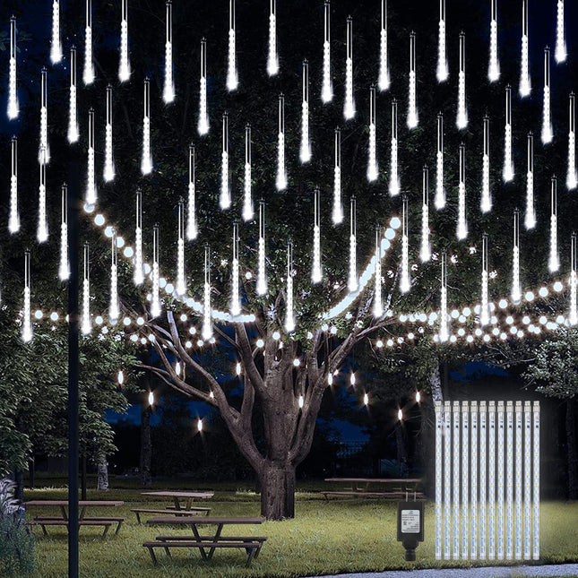 Meteor Shower Rain Lights 12.2 inch 12 Tubes 288 LEDs Christmas Snow Falling Icicle LED String Lights Cascading Lighting for Halloween Wedding Garden Trees Patio Decoration (White)