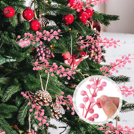 24 Pack Christmas Berry Stems 14 Inch Artificial Berry Picks Xmas Holly Berry Stem Branches for Christmas Tree Ornament Wreath Vase DIY Craft Christmas Home Decor(Pink)