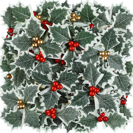 48 Pieces Artificial Holly Berries with Green Leaves Gold Red Holly Berry Stems with Leaves Artificial Holly Leaves and Berries for Christmas Wreath Arrangement Cake Toppers Craft Wedding Party Home