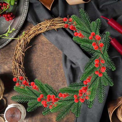 60 Pcs Christmas Artificial Pine Branches with Red Berry Stems Fake Greenery Pine Picks Artificial Red Berry Stems Artificial Pine Needles Branches for DIY Christmas Garland Wreath Xmas Decoration