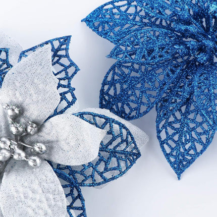 ilauke 24Pcs Poinsettias Artificial Christmas Flowers, 6" Glitter Artificial Christmas Flowers with 30 Sliver Clips, for Xmas Tree Ornaments Wedding Party Wreath Decor (Blue)