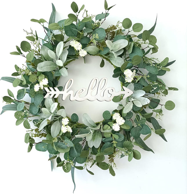 22 Inch Eucalyptus Wreath with Hello Sign, Spring Summer Wreaths for Front Door Green Winter Wreaths for Front Door Windows,Porch,Fireplace,Indoors and Outdoor Home Decoration