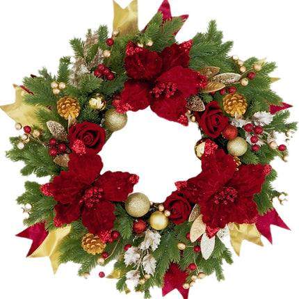 Christmas Wreaths for Front Door, Soomeir Outdoor Winter Wreaths, Large Welcome Wreath with Lights for Holiday Outside Indoors Office Mantle Window (Red Gold)