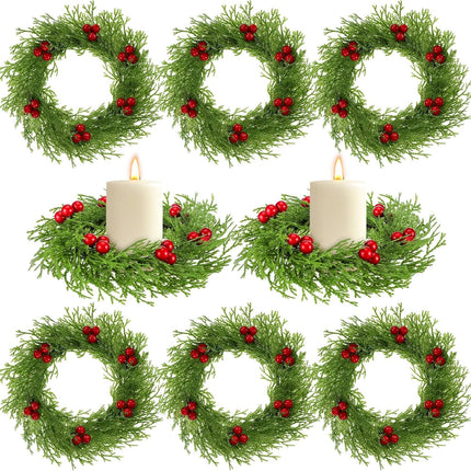 8 Pcs Christmas Candle Rings Wreath Red Artificial Cedar Berry Candle Ring Holder Mini Window Wreaths for Home Christmas Holiday Table Centerpiece