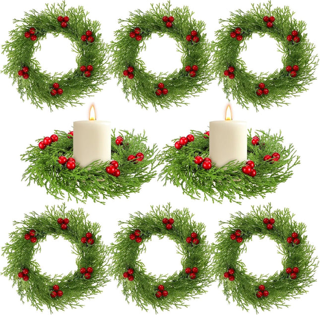 8 Pcs Christmas Candle Rings Wreath Red Artificial Cedar Berry Candle Ring Holder Mini Window Wreaths for Home Christmas Holiday Table Centerpiece