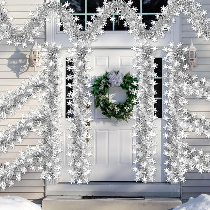 33 FT Christmas Decorations Tinsel Garland, Christmas Snowflake Garland Christmas Shiny Twist Metallic Garland Decorations for Xmas Tree Home Indoor Outdoor Holiday Christmas Party Decor