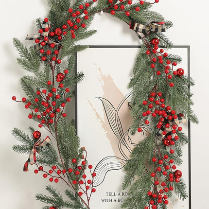 YYHUAWU 6FT Christmas Garland with Red Berries Bows Christmas Balls, Multi-Function Christmas Pine Needles Garland for Mantle Table Front Door Indoor Outdoor Christmas Holiday Decor