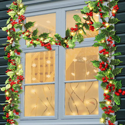 ATDAWN 9 FT Red Berry Christmas Lighted Garland, Battery Operated Christmas Garland with Lights, Flexible Artificial Pre Lit Garland for Indoor Fireplace Christmas Holiday Year Decoration, 2 Pack