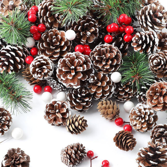 M&C Music Color 115Pcs Christmas Pine Cones Bulk Berry Pine Branch Set, Natural Snow Pinecones Winter Holiday Ornament for DIY Crafts Assorted Sizes Home Decorations Xmas Tree Tag Party Supplies