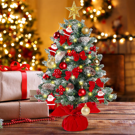 Sggvecsy 23.6’’ Mini Snow Frosted Christmas Tree Table Top Lighted Artificial Xmas Tree Star Treetop Pine Cones Red Bows Balls Santa Clause Red Berries Hanging Ornaments DIY Holiday Indoor Decorations
