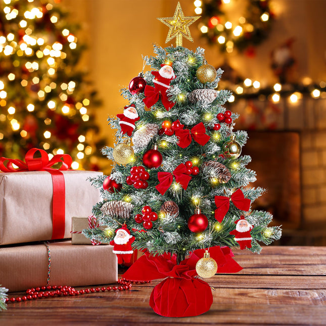 Sggvecsy 23.6’’ Mini Snow Frosted Christmas Tree Table Top Lighted Artificial Xmas Tree Star Treetop Pine Cones Red Bows Balls Santa Clause Red Berries Hanging Ornaments DIY Holiday Indoor Decorations