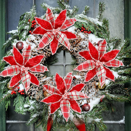 10 Pieces Christmas Buffalo Plaid Red White Green Plaid Poinsettia Flowers Christmas Tree Ornaments for Christmas Tree Wreaths Garland Holiday Decorations