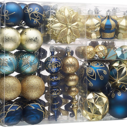 Valery Madelyn Christmas Tree Decorations Set, 108ct Blue and Gold Shatterproof Christmas Ball Ornaments Bulk, Peacock Hanging Ornaments for Christmas Trees Xmas Holiday Ramadan Decor
