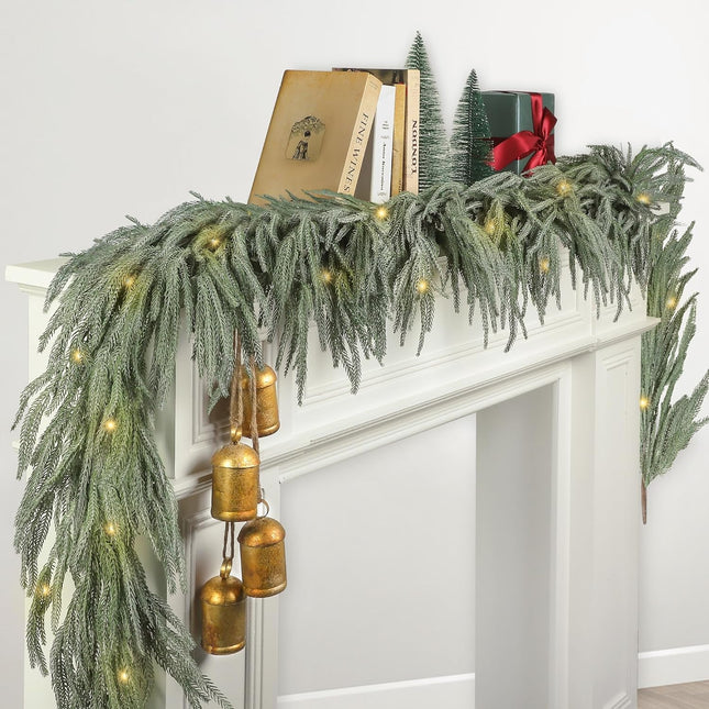 1 Pack Christmas Norfolk Garlands Set 6 Feet Artificial Faux Greenery Garland 4 Cow Bell with Jute Hanging Rope Light String Winter Pine Garland for Xmas Indoor Holiday Decor, Green+White