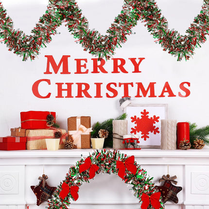 Sggvecsy 49.2Ft Christmas Green Red Silver Tinsel Garland Xmas Tree Decorations Christmas Metallic Twist Garland Ceiling Hanging Decorations for Year Party Birthday Holiday Indoor Outdoor Supplies