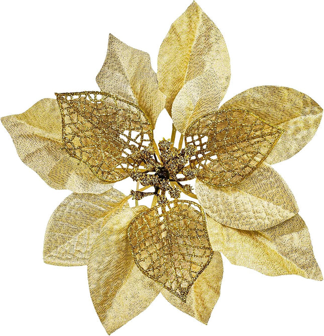 20 Set 8.8" Wide 3 Layers Christmas Gold Glitter Poinsettia Flowers Picks Christmas Tree Ornaments for Gold Christmas Tree Wreaths Garland Holiday Seasonal Festive Navidad Decoration Box Included