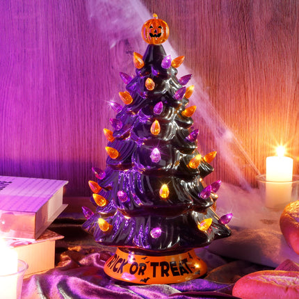 Blissun 12" Halloween Decorations Ceramic Tree, Hand-Painted Black Christmas Tree, Battery Powered Tabletop Halloween Lighted Ceramic Tree for Indoor Office Home Halloween Decorations