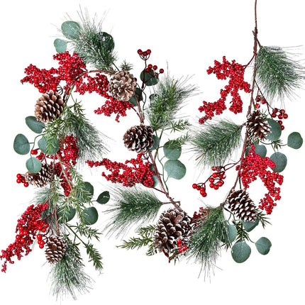 DearHouse 6 FT Red Berry Christmas Garland with Berries Pine Cones Spruce Eucalyptus Leaves Winter Greenery Garland for Holiday Season Mantel Fireplace Table Runner Centerpiece Decor
