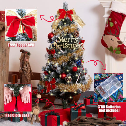 3 Ft Christmas Artificial Tree Decorations - Christmas 36 Inch Mini Table Top Tree, Xmas Desk Small Tree with 50 LED Warm Lights, Hanging Ornaments for Home Decor Indoor Office Holiday Tabletop Party