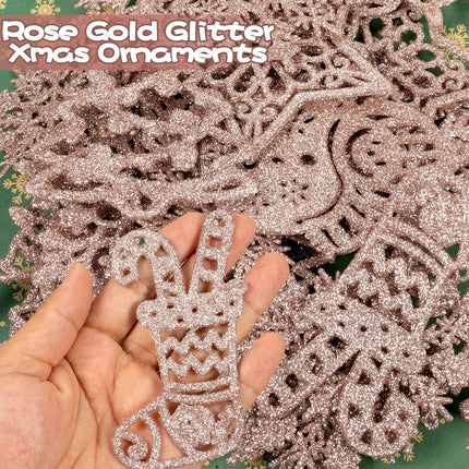 Christmas Tree Decoration Snowflake Ornaments - 42pcs Rose Gold Glitter Christmas Snowflake Tree Snowman Reindeer Santa Hanging Ornaments for Winter Wonderland Holiday Year Christmas Tree