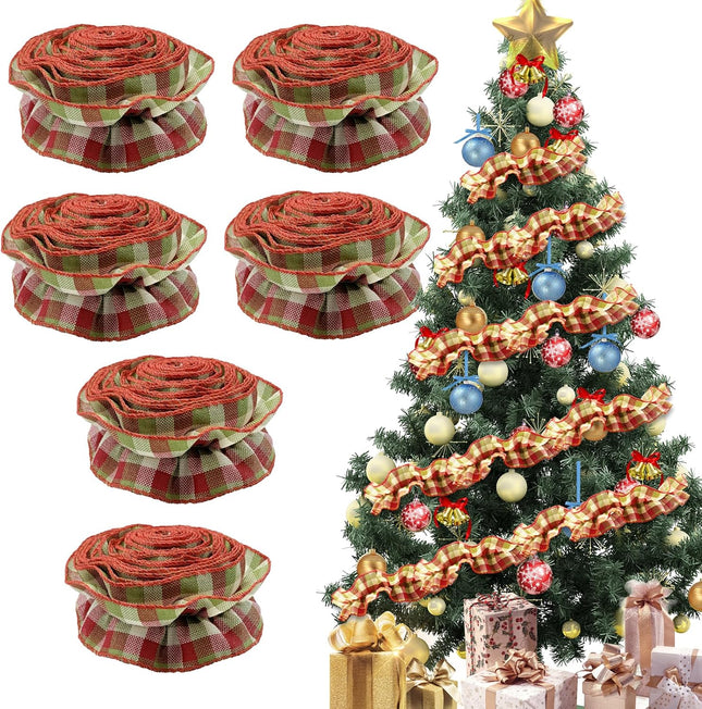 6 Rolls Christmas Tree Ribbon Garland Ruffled Wired Plaid Ribbon Garland for Christmas Tree White Red Green Plaid Ribbon Xmas Tree Garland Vintage Rustic Farmhouse Home Decor 54 Ft (Grid)