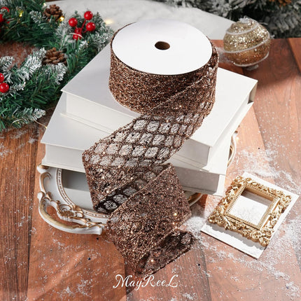 MAYREEL Brown Wired Ribbon 2.5 Inch x 10 Yards Glitter Wired Ribbon Copper Christmas Decorations Copper Wired Ribbon for Thanksgiving Fall Wreath Supply Christmas Tree Ribbon Garland Topper Bow