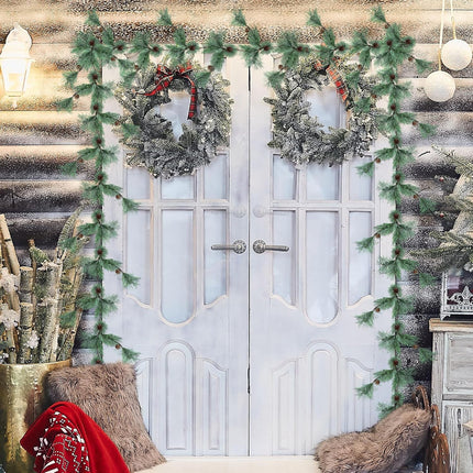 Hotop 9 ft Christmas Smokey Pine Garland Winter Snow Pine Cones Garland Green Artificial Greenery Garland for Table, Mantle, Wall, Indoor, Outdoor Christmas Decorations