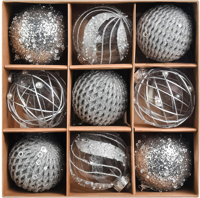 3.15 Inch Christmas Ball Ornaments for Tree - Glitter Shatterproof Christmas Balls Set, 9 Pcs Plastic Pearl Hanging Decoration Balls for Xmas Holiday Wedding Party (3.15" Silver)