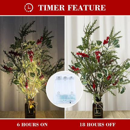 3 PCS Lighted Christmas Evergreen Sprig Branches Tree, Handmade Design with Red Berries Holly Leaves and Pine Leaves, 60 Lights in Total, Timer, Battery Operated for Home Vase Indoor Outdoor